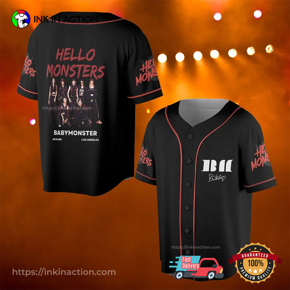 Custom Babymonster Hello Monster World Tour Baseball Jersey Unisex T-shirt, Sweatshirt, Hoodie, Long Sleeve Tee - T-Shirt, Sweatshirt, Hoodie