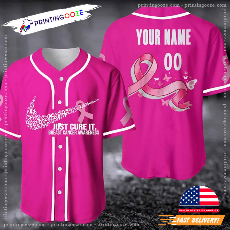 Custom Breast Pink Cancer Ribbon Baseball Jersey Unisex T-shirt, Sweatshirt, Hoodie, Long Sleeve Tee - T-Shirt, Sweatshirt, Hoodie