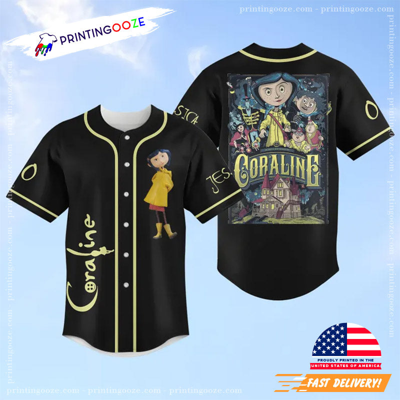 Custom Coraline Cartoon Halloween Baseball Jersey Unisex T-shirt, Sweatshirt, Hoodie, Long Sleeve Tee - T-Shirt, Sweatshirt, Hoodie
