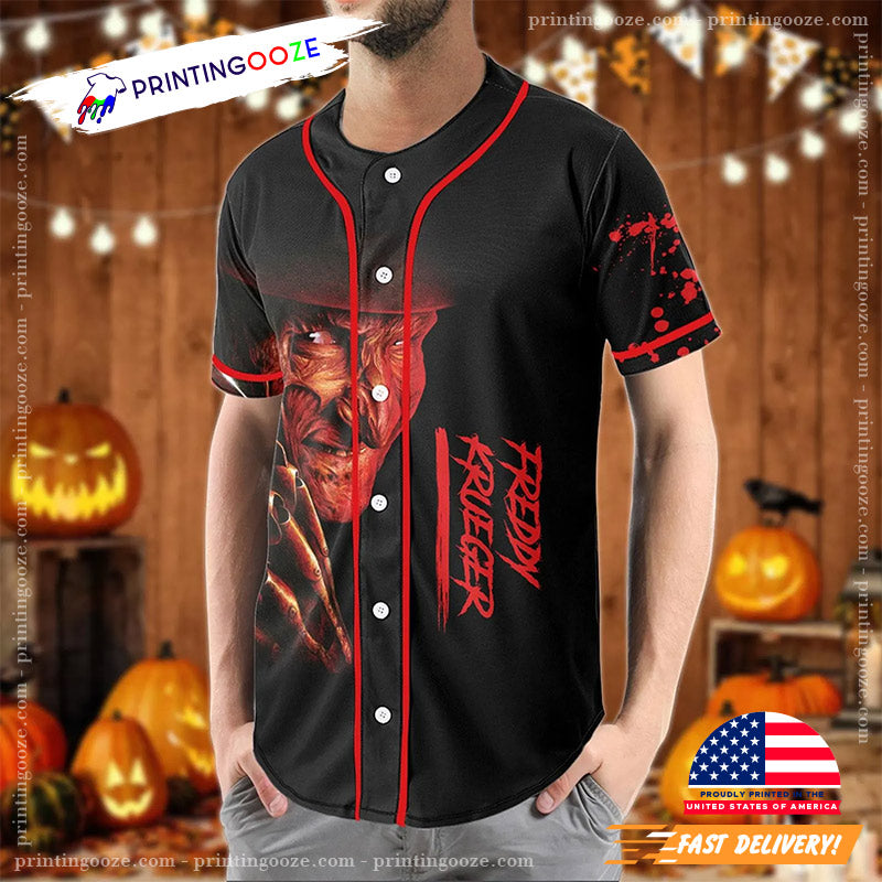 Custom Freddy Krueger Scary Movie Halloween Baseball Jersey Unisex T-shirt, Sweatshirt, Hoodie, Long Sleeve Tee - T-Shirt, Sweatshirt, Hoodie