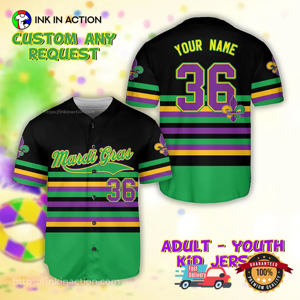 Custom Mardi Gras Fat Tuesday Fleur De Lis Baseball Jersey Unisex T-shirt, Sweatshirt, Hoodie, Long Sleeve Tee - T-Shirt, Sweatshirt, Hoodie