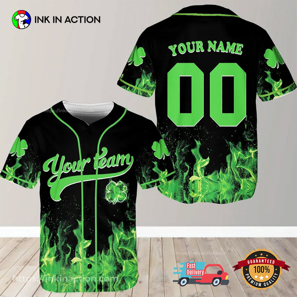 Custom St. Patricks Day Green Fire Baseball Jersey Unisex T-shirt, Sweatshirt, Hoodie, Long Sleeve Tee - T-Shirt, Sweatshirt, Hoodie
