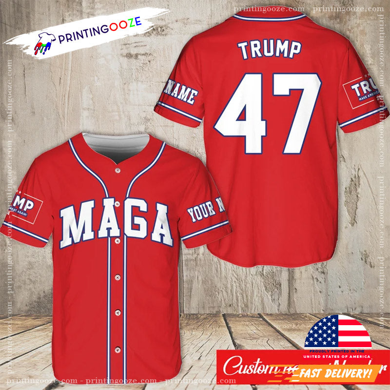 Customized MAGA President Trump 2024 Red Baseball Jersey Unisex T-shirt, Sweatshirt, Hoodie, Long Sleeve Tee - T-Shirt, Sweatshirt, Hoodie
