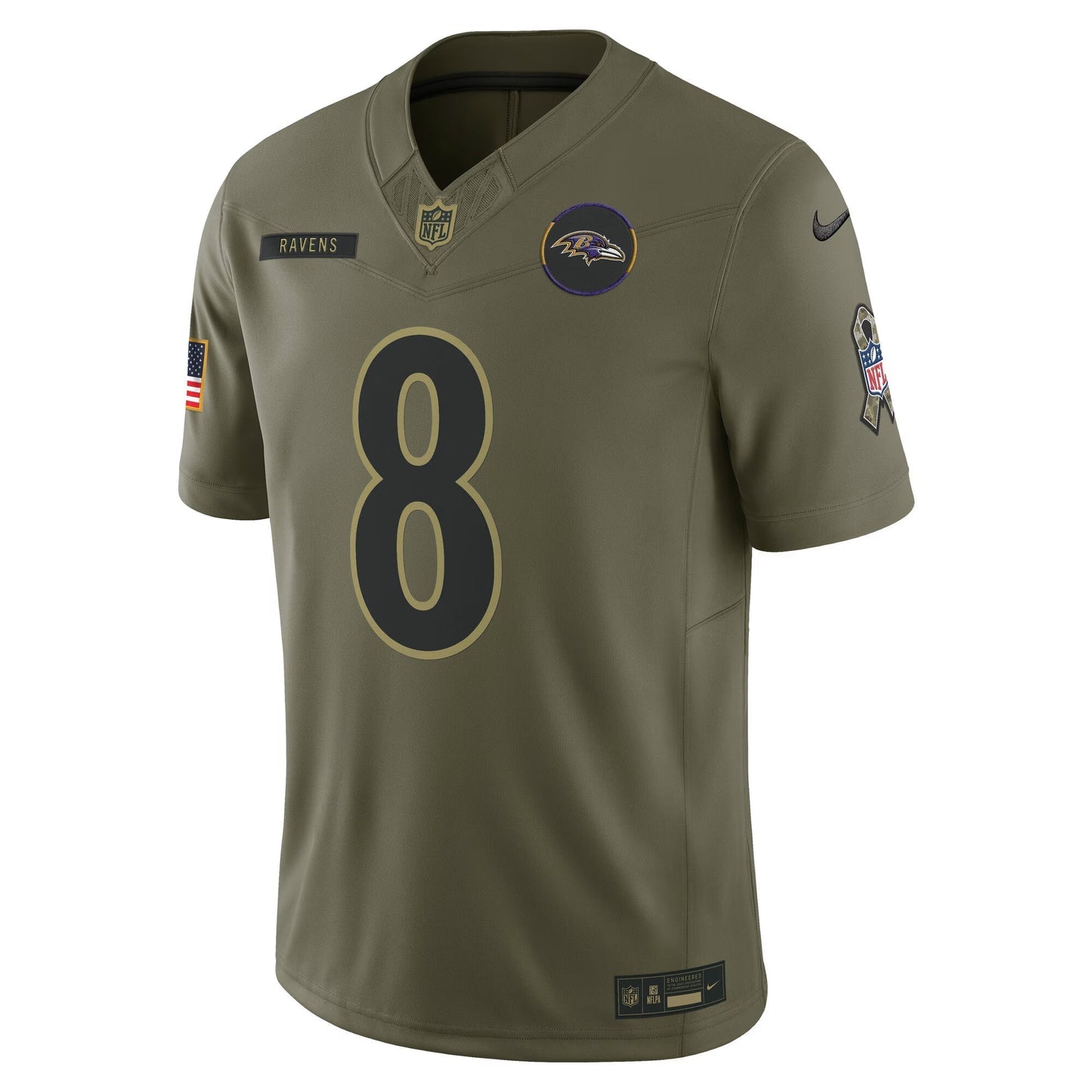 Baltimore Ravens Lamar Jackson Olive 2025 Salute to Service Limited Jersey football jersey product view 2