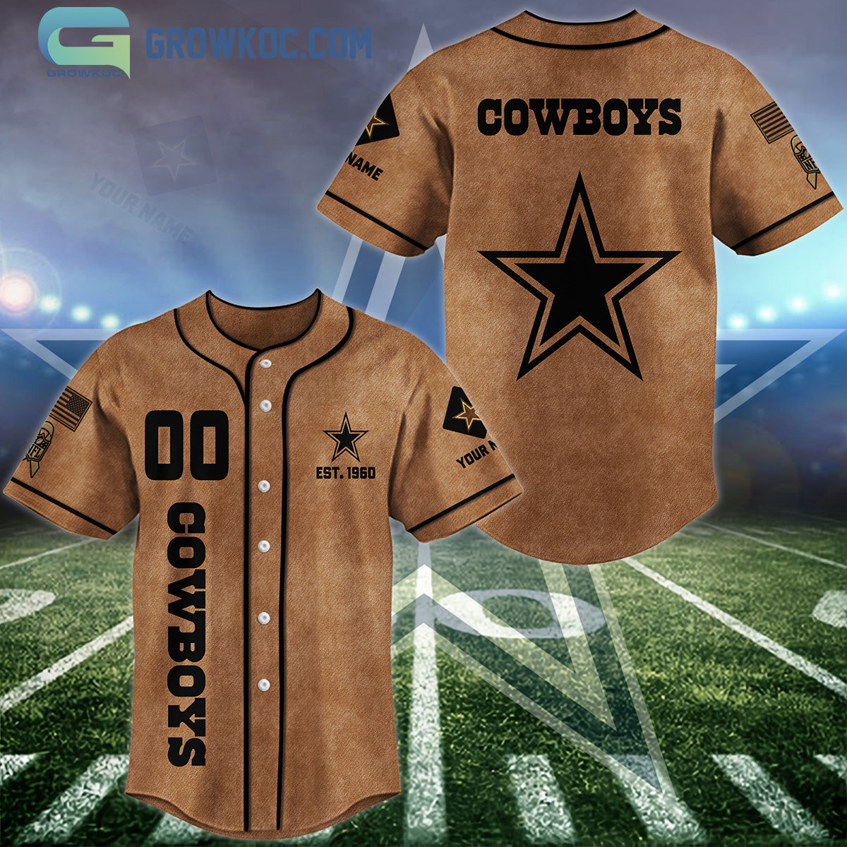 Dallas Cowboys Brown American Flag Personalized Baseball Jersey Unisex T-shirt, Sweatshirt, Hoodie, Long Sleeve Tee - T-Shirt, Sweatshirt, Hoodie