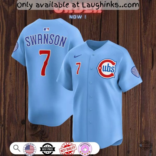 Dansby Swanson Number 7 Chicago Cubs Baby Blue Baseball Jersey Shirt Replica Unisex T-shirt, Sweatshirt, Hoodie, Long Sleeve Tee - T-Shirt, Sweatshirt, Hoodie