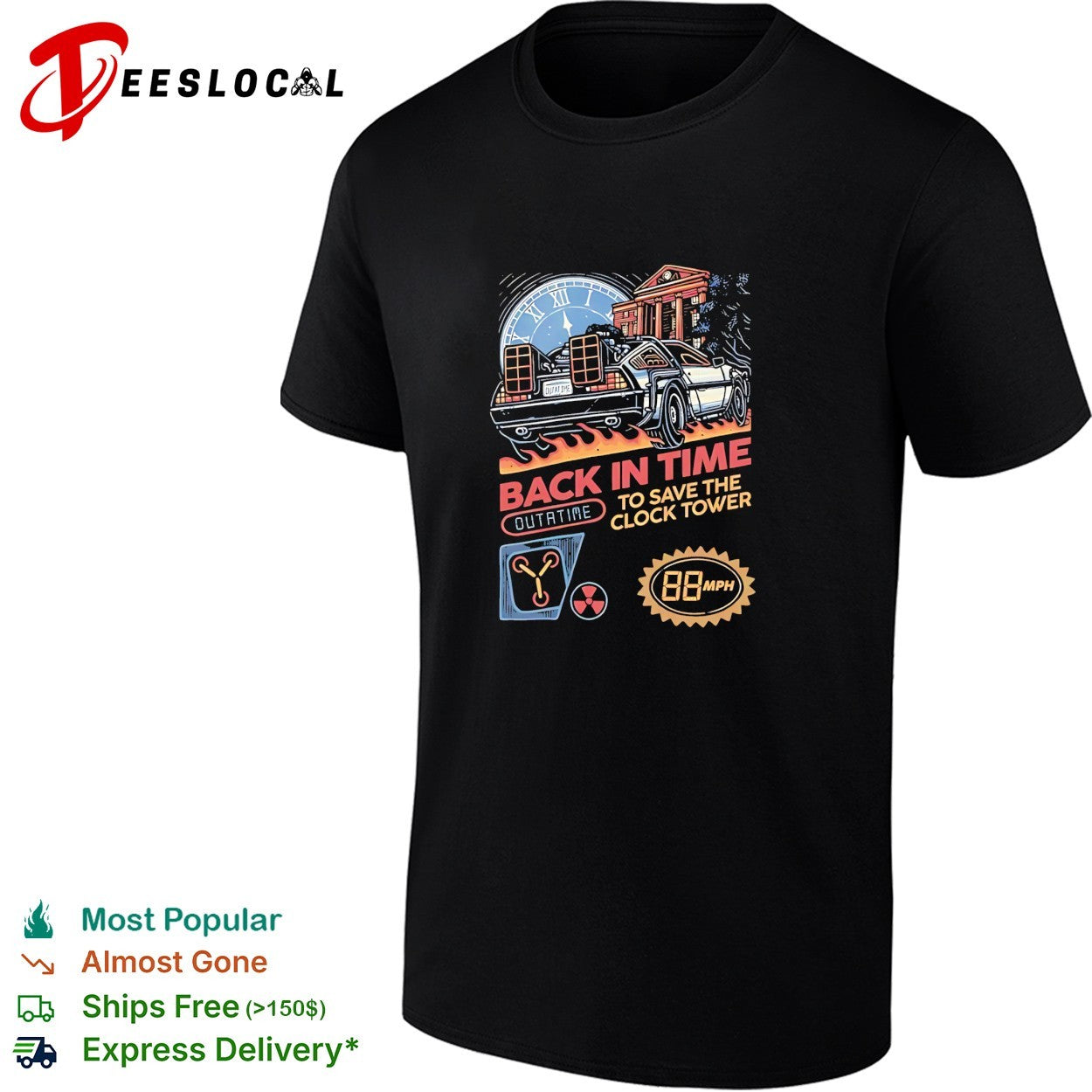 DeLorean car back in time to save the clock tower shirt Unisex T-shirt, Sweatshirt, Hoodie, Long Sleeve Tee - T-Shirt, Sweatshirt, Hoodie