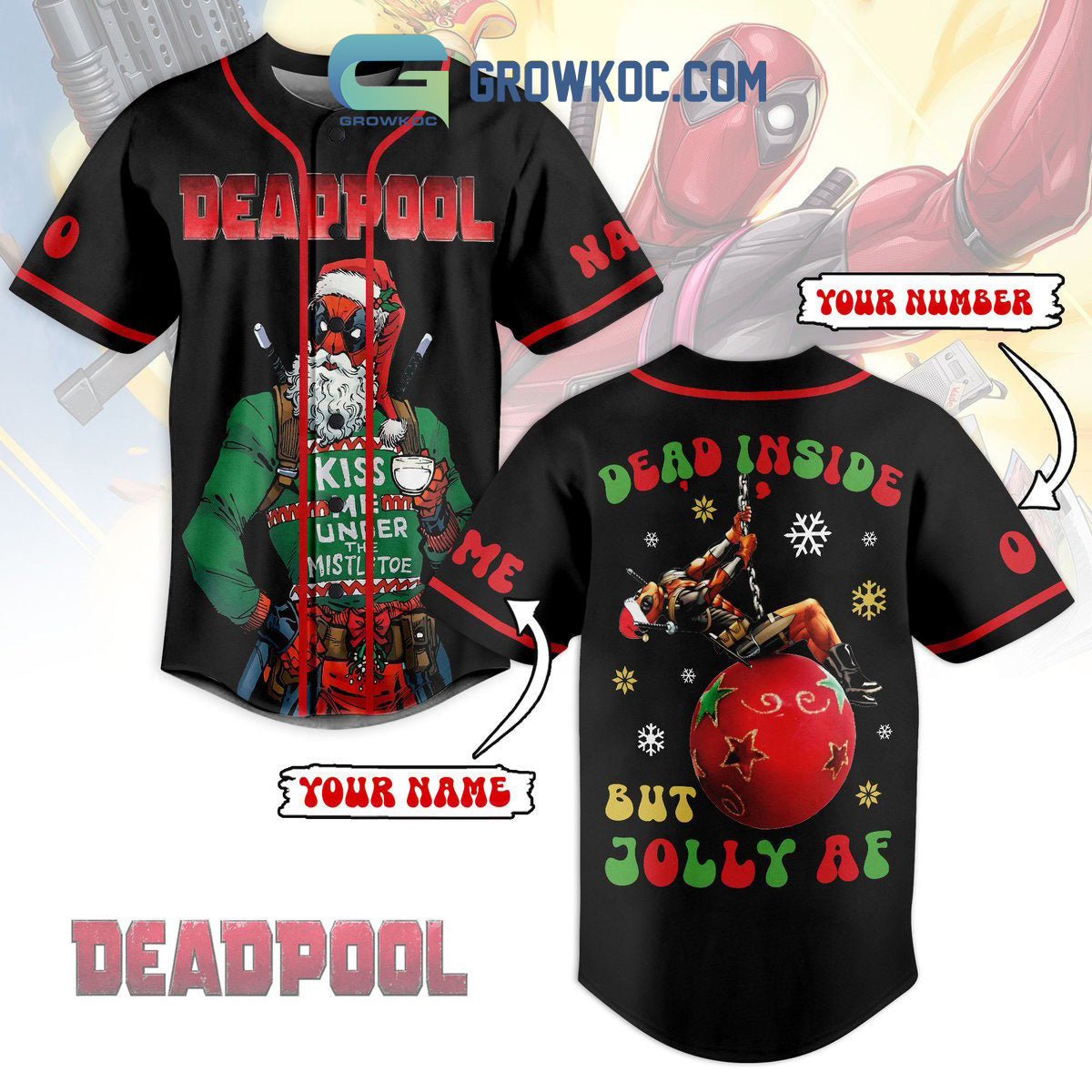 Deadpool Dead Inside But Jolly AF Personalized Baseball Jersey Unisex T-shirt, Sweatshirt, Hoodie, Long Sleeve Tee - T-Shirt, Sweatshirt, Hoodie