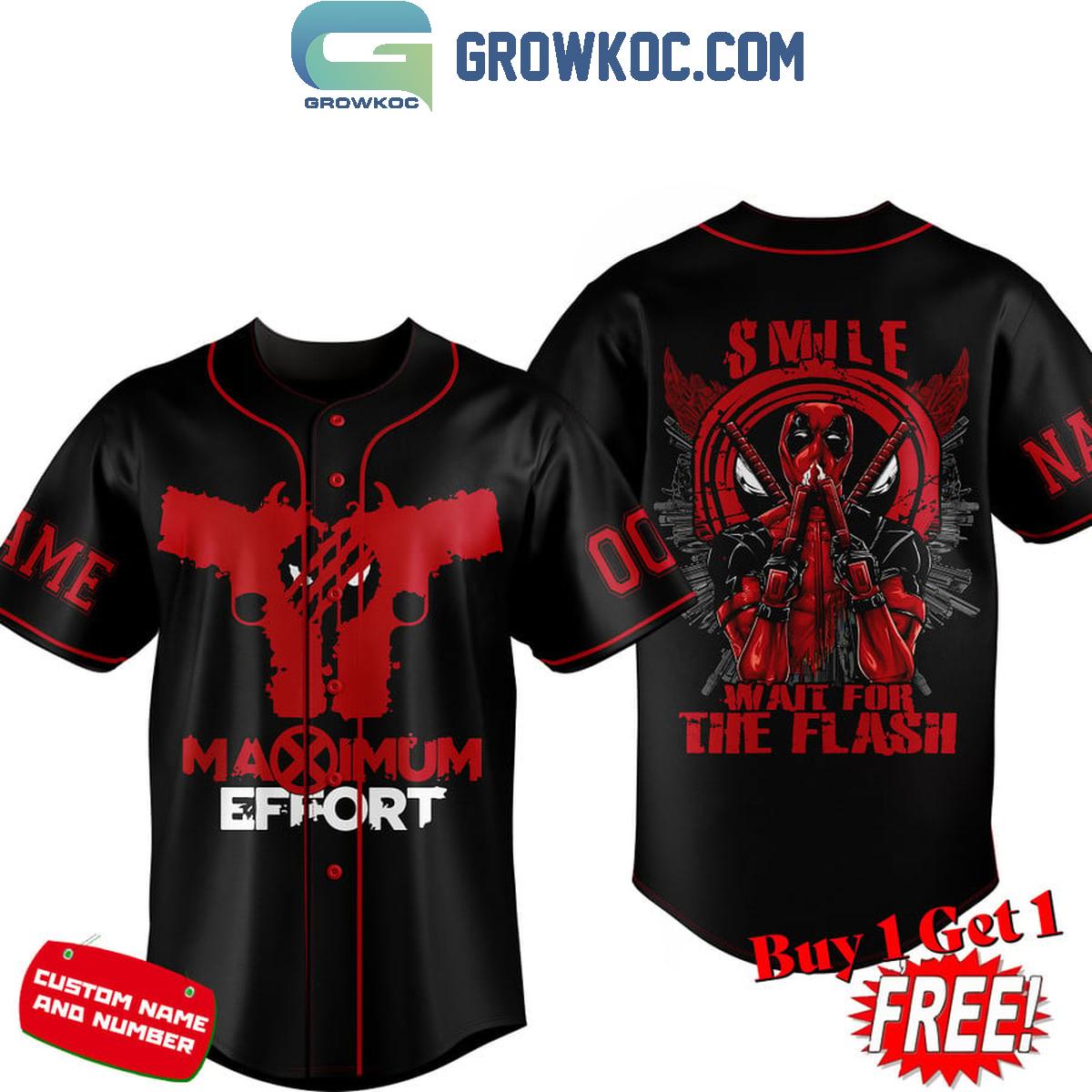 Deadpool Smile Wait For The Flash Personalized Baseball Jersey Unisex T-shirt, Sweatshirt, Hoodie, Long Sleeve Tee - T-Shirt, Sweatshirt, Hoodie