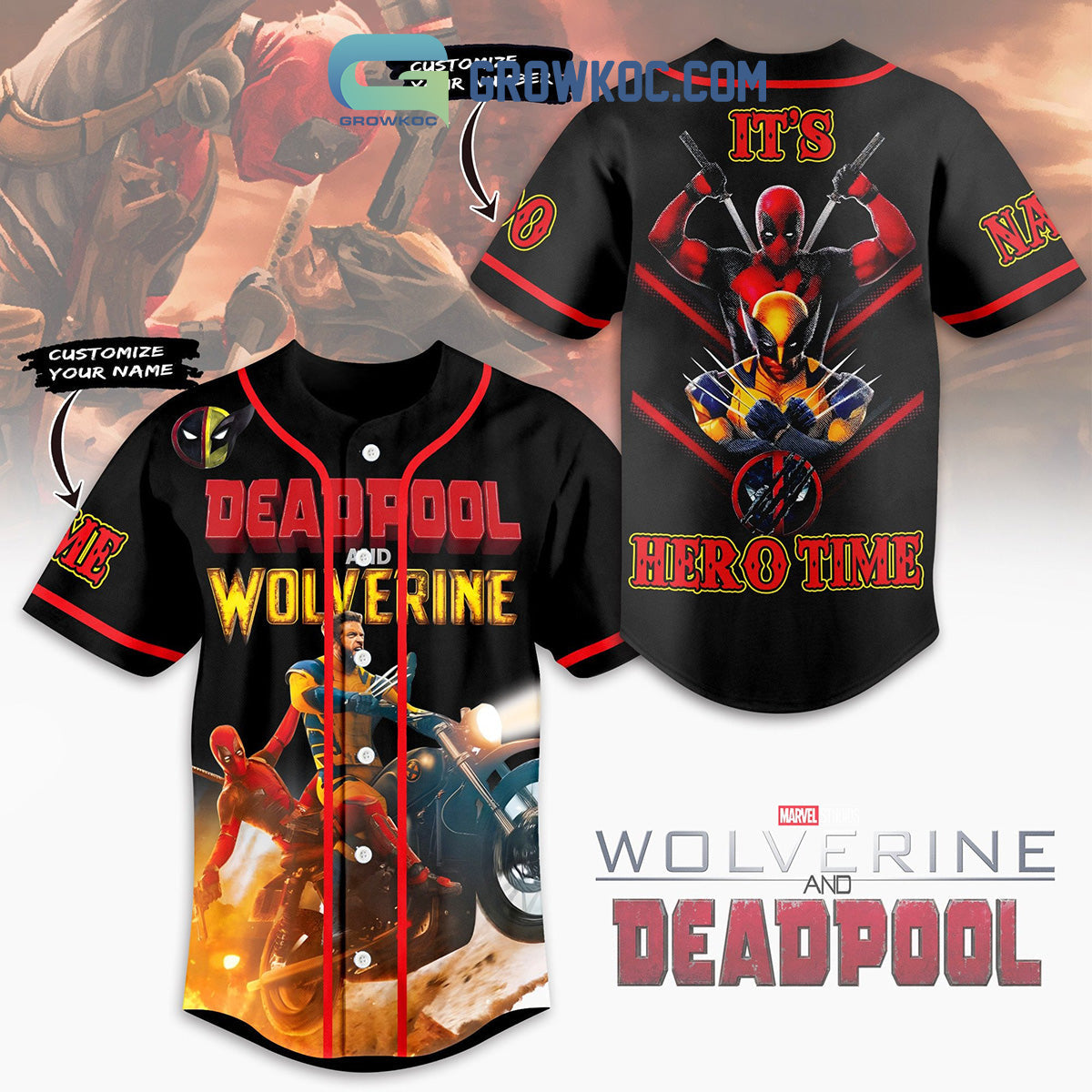 Deadpool Wolverine Its Hero Time Personalized Baseball Jersey Unisex T-shirt, Sweatshirt, Hoodie, Long Sleeve Tee - T-Shirt, Sweatshirt, Hoodie