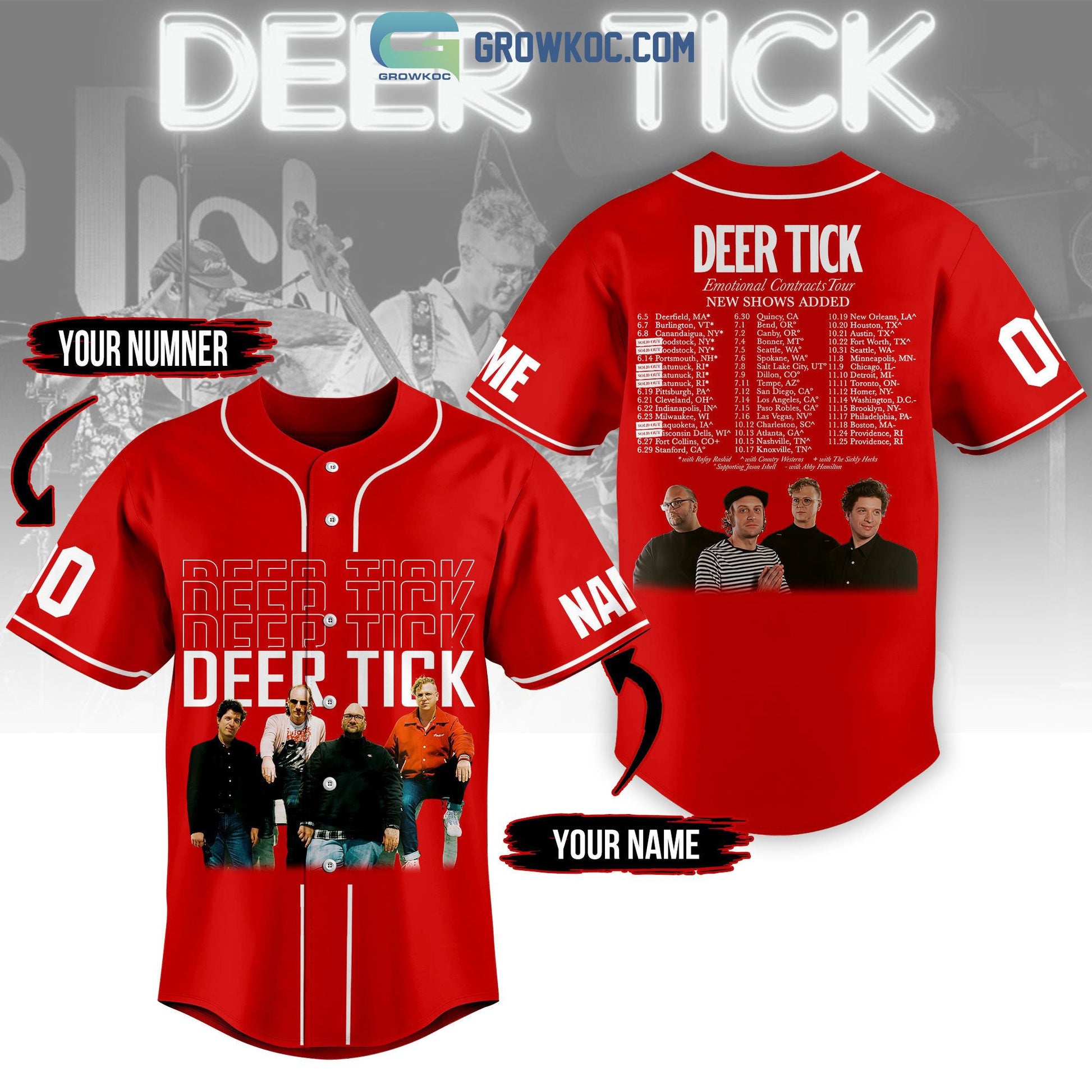 Deer Tick Emotional Contracts Tour Personalized Red Design Baseball Jersey Unisex T-shirt, Sweatshirt, Hoodie, Long Sleeve Tee - T-Shirt, Sweatshirt, Hoodie