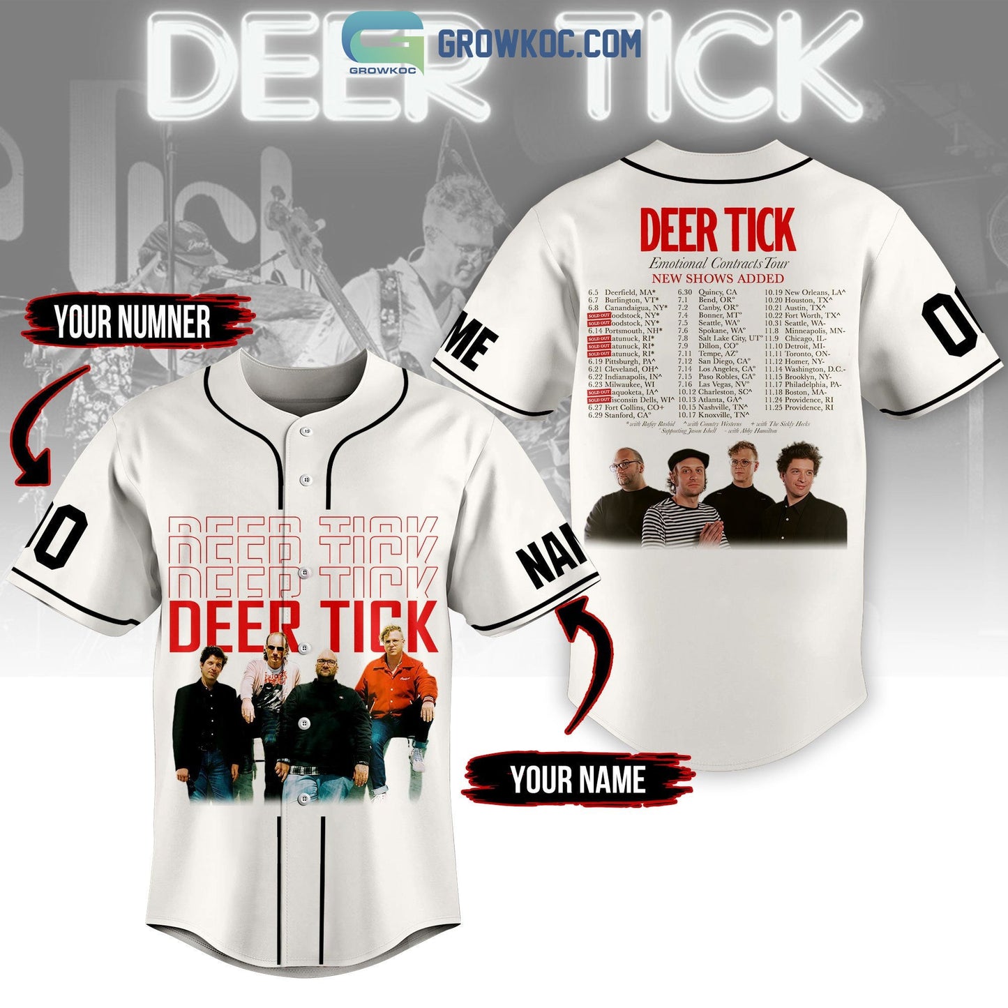 Deer Tick Emotional Contracts Tour Personalized White Design Baseball Jersey Unisex T-shirt, Sweatshirt, Hoodie, Long Sleeve Tee - T-Shirt, Sweatshirt, Hoodie