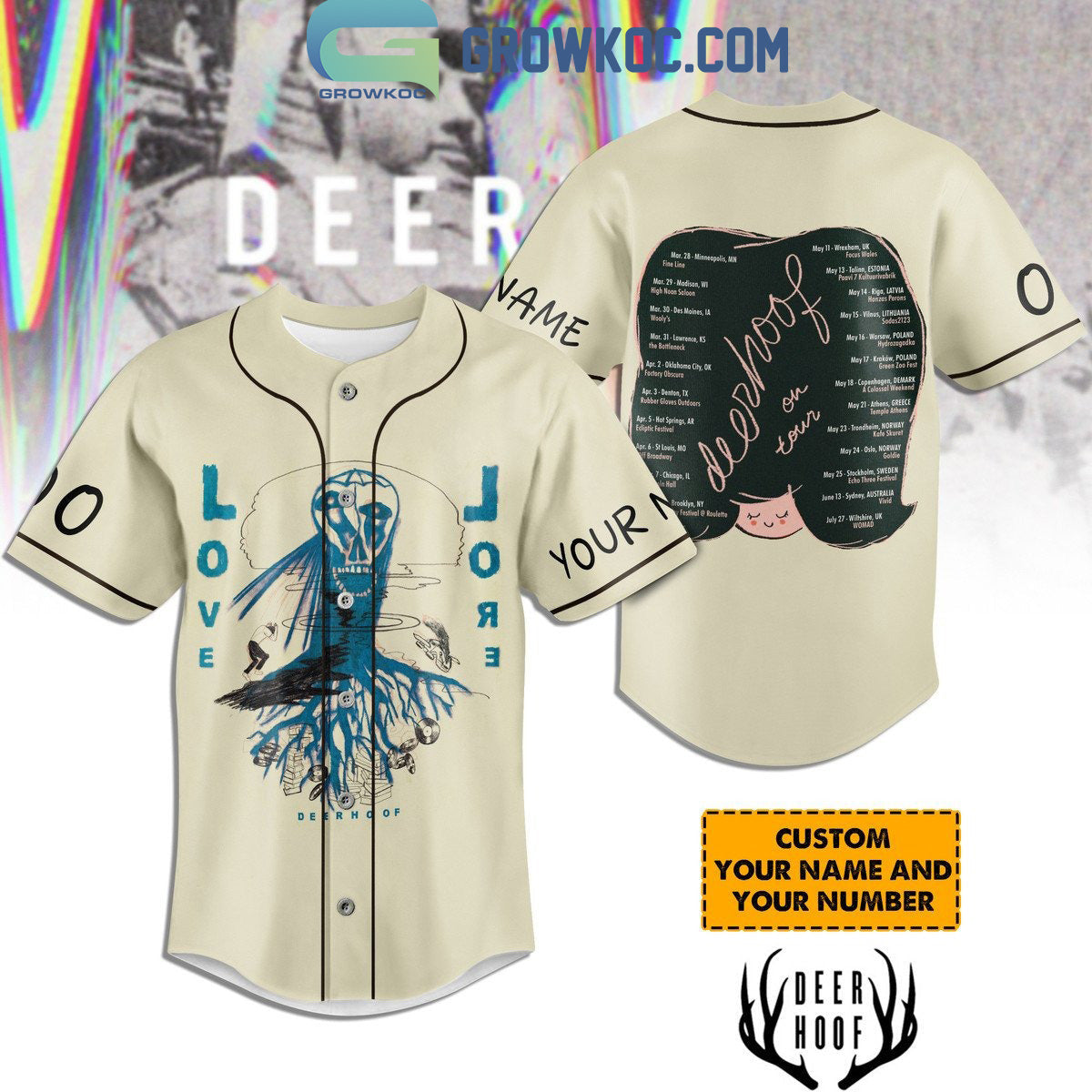 Deerhoof On Tour Love 2024 Personalized Baseball Jersey Unisex T-shirt, Sweatshirt, Hoodie, Long Sleeve Tee - T-Shirt, Sweatshirt, Hoodie