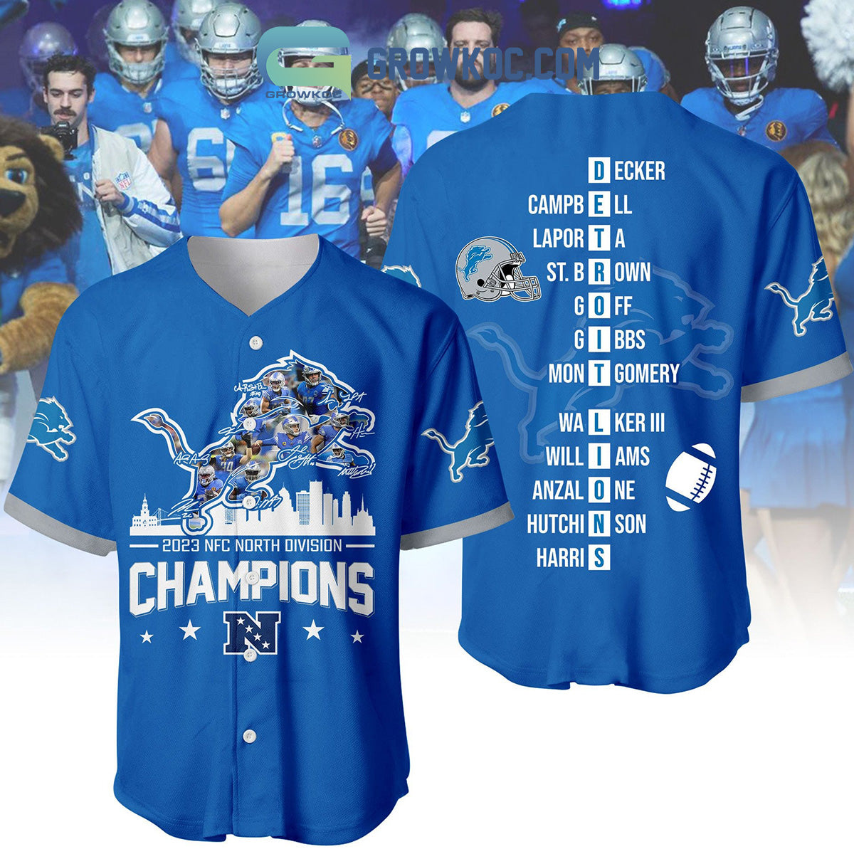 Detroit Lions 2023 NFC North Division Champions Blue Design Baseball Jersey Unisex T-shirt, Sweatshirt, Hoodie, Long Sleeve Tee - T-Shirt, Sweatshirt, Hoodie