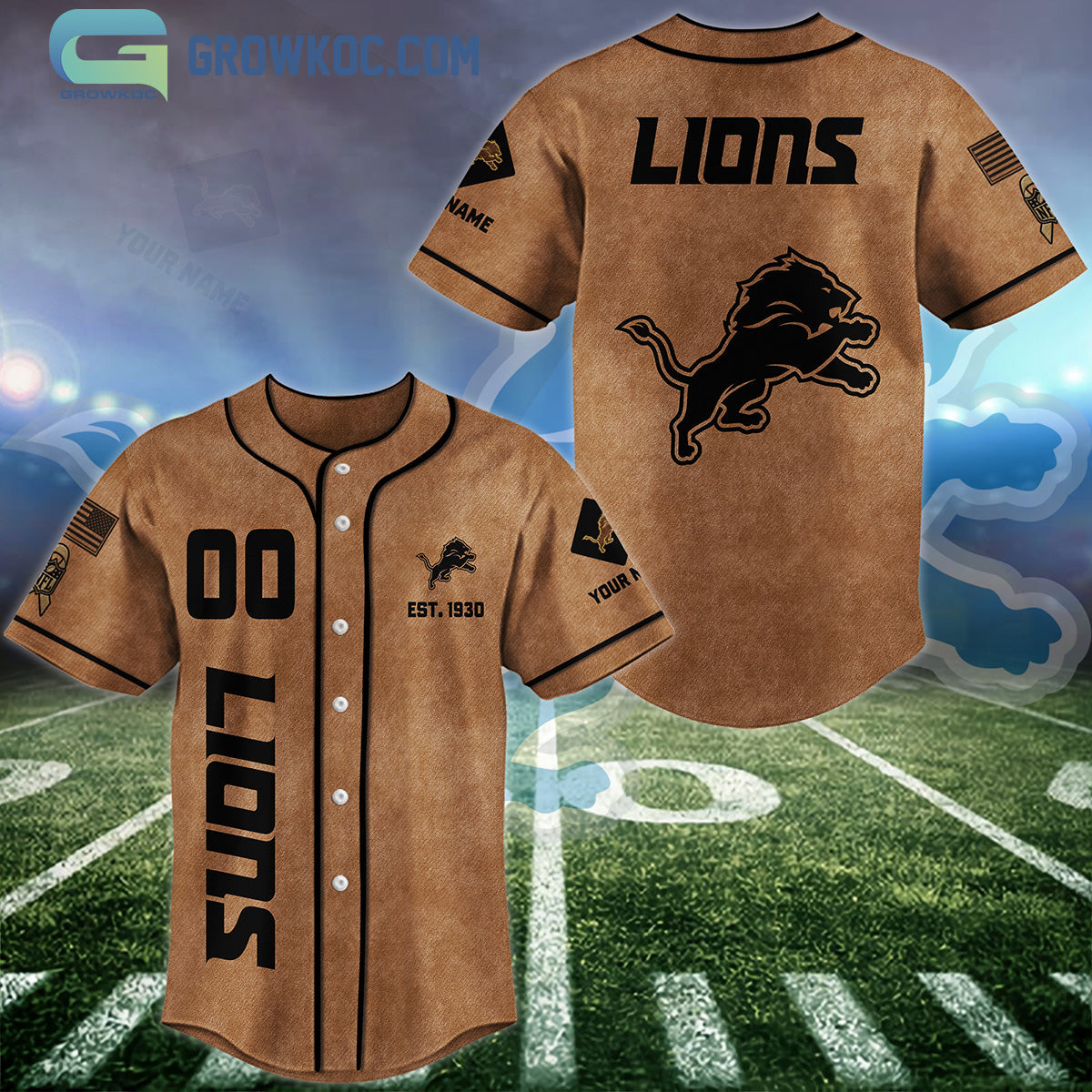 Detroit Lions Brown American Flag Personalized Baseball Jersey Unisex T-shirt, Sweatshirt, Hoodie, Long Sleeve Tee - T-Shirt, Sweatshirt, Hoodie
