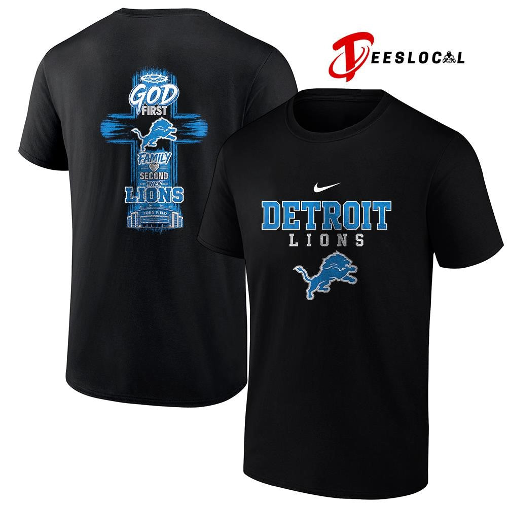 Detroit Lions God first family second cross shirt Unisex T-shirt, Sweatshirt, Hoodie, Long Sleeve Tee - T-Shirt, Sweatshirt, Hoodie