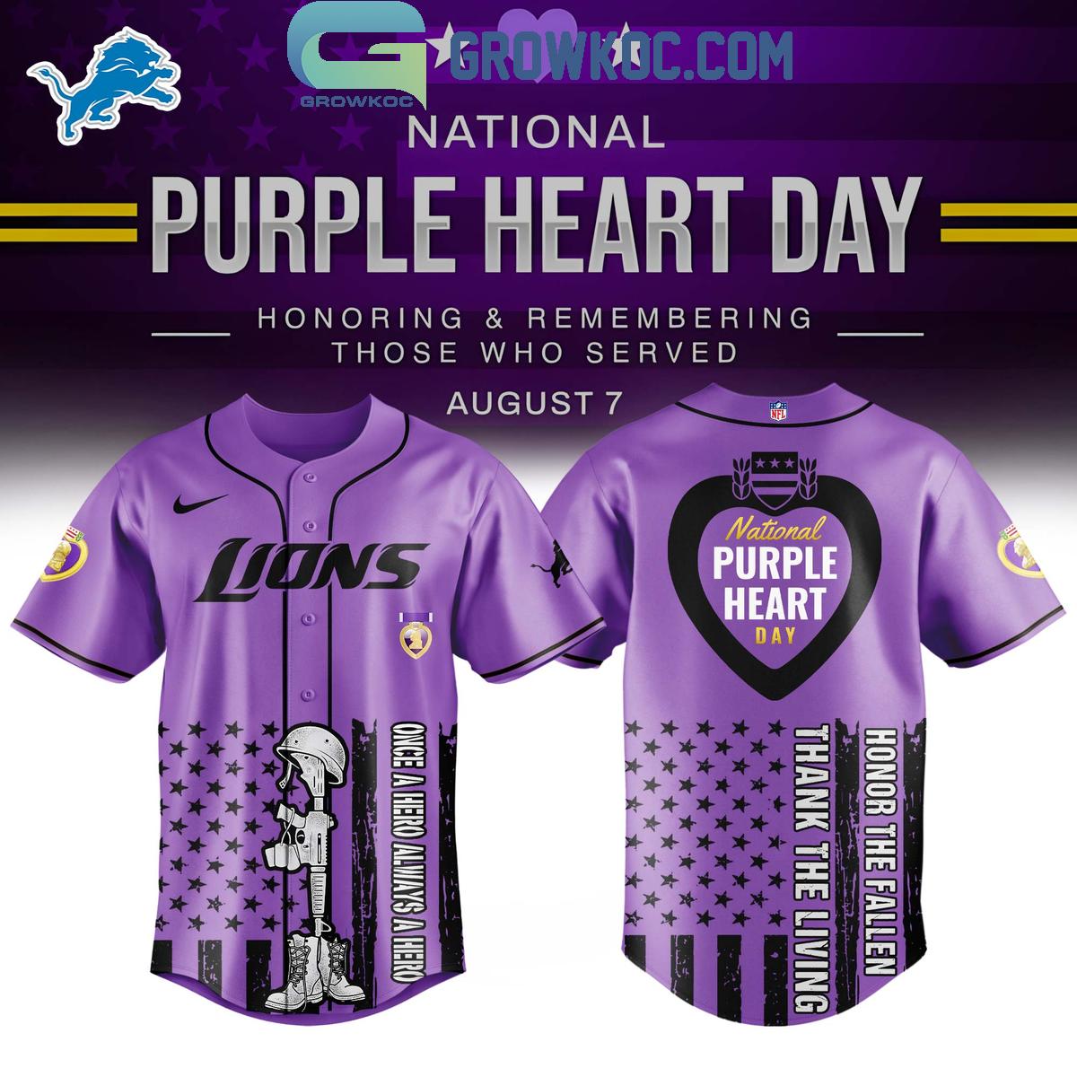 Detroit Lions Purple Heart Day 2025 Baseball Jersey Unisex T-shirt, Sweatshirt, Hoodie, Long Sleeve Tee - T-Shirt, Sweatshirt, Hoodie