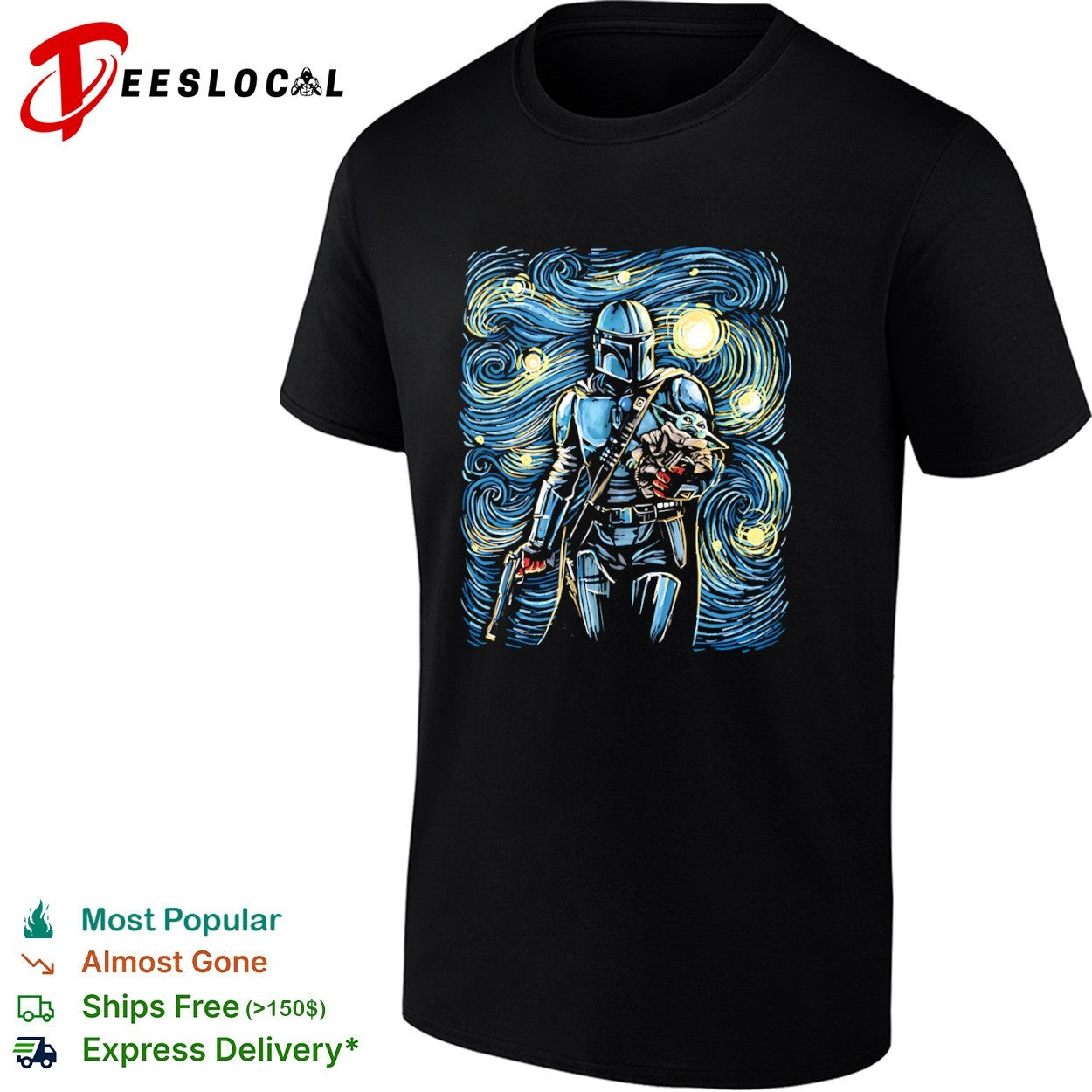 Din Djarin and Din Grogu in the style of Van Goghs Starry Night shirt Unisex T-shirt, Sweatshirt, Hoodie, Long Sleeve Tee - T-Shirt, Sweatshirt, Hoodie