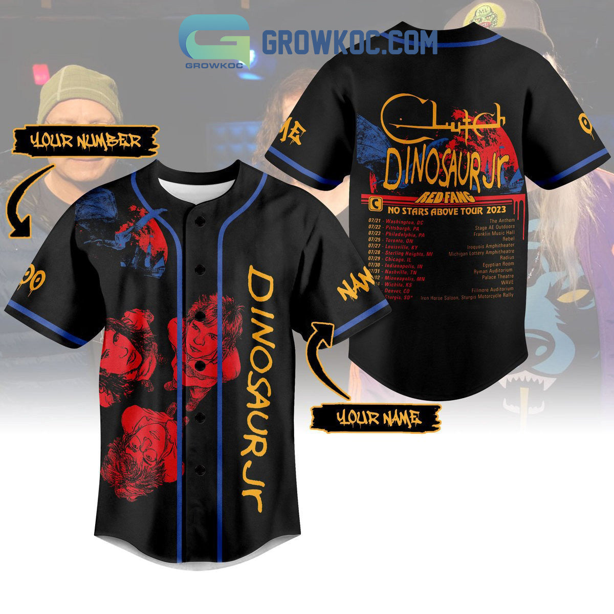 Dinosaur JR Red Fang No Stars Above Tour 2023 Personalized Baseball Jersey Unisex T-shirt, Sweatshirt, Hoodie, Long Sleeve Tee - T-Shirt, Sweatshirt, Hoodie