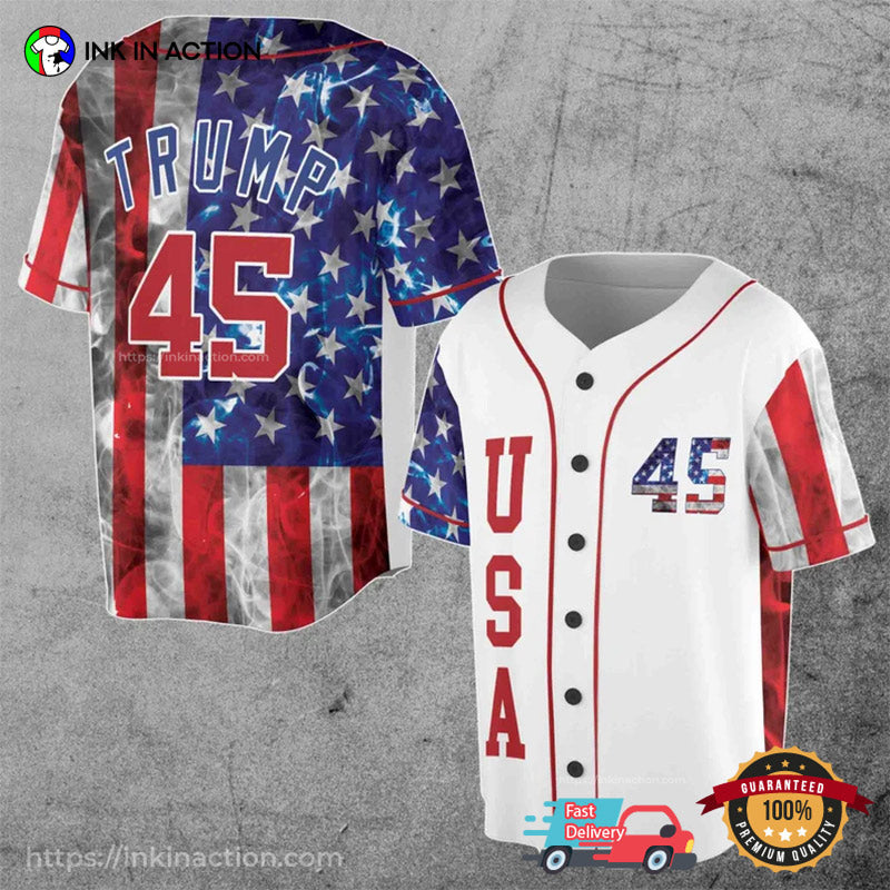 Donald Trump 45 Pro Trump Smoke American Flag Baseball Jersey Unisex T-shirt, Sweatshirt, Hoodie, Long Sleeve Tee - T-Shirt, Sweatshirt, Hoodie