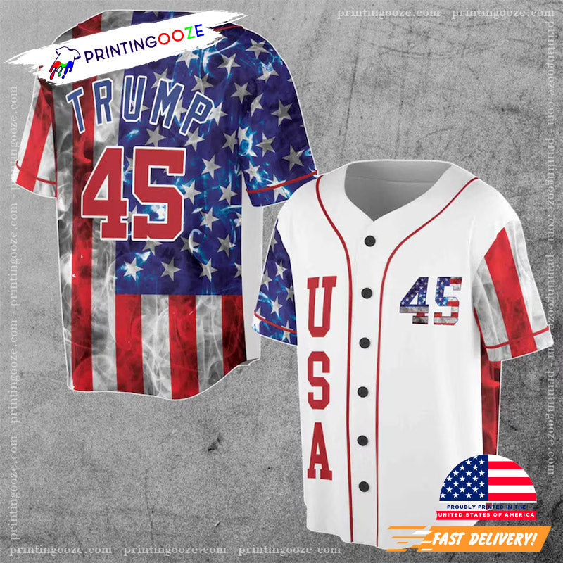 Donald Trump 45 Smoke American Flag Baseball Jersey Unisex T-shirt, Sweatshirt, Hoodie, Long Sleeve Tee - T-Shirt, Sweatshirt, Hoodie