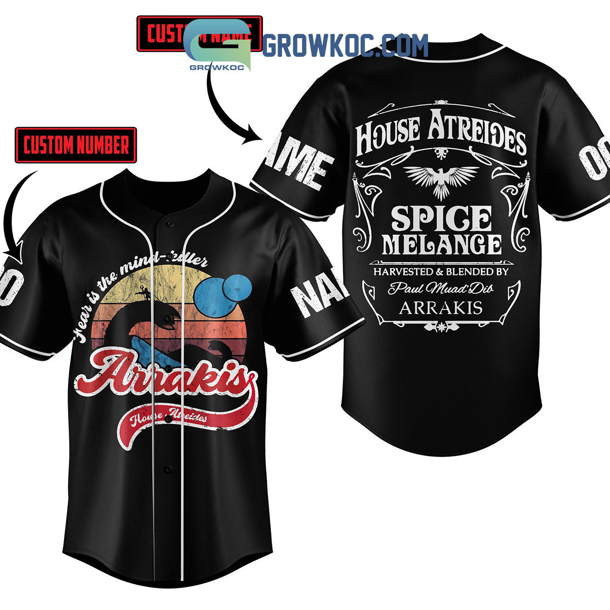 Dune Arrakis House Of Atreides Fear Is The Mind Killer Personalized Baseball Jersey Unisex T-shirt, Sweatshirt, Hoodie, Long Sleeve Tee - T-Shirt, Sweatshirt, Hoodie