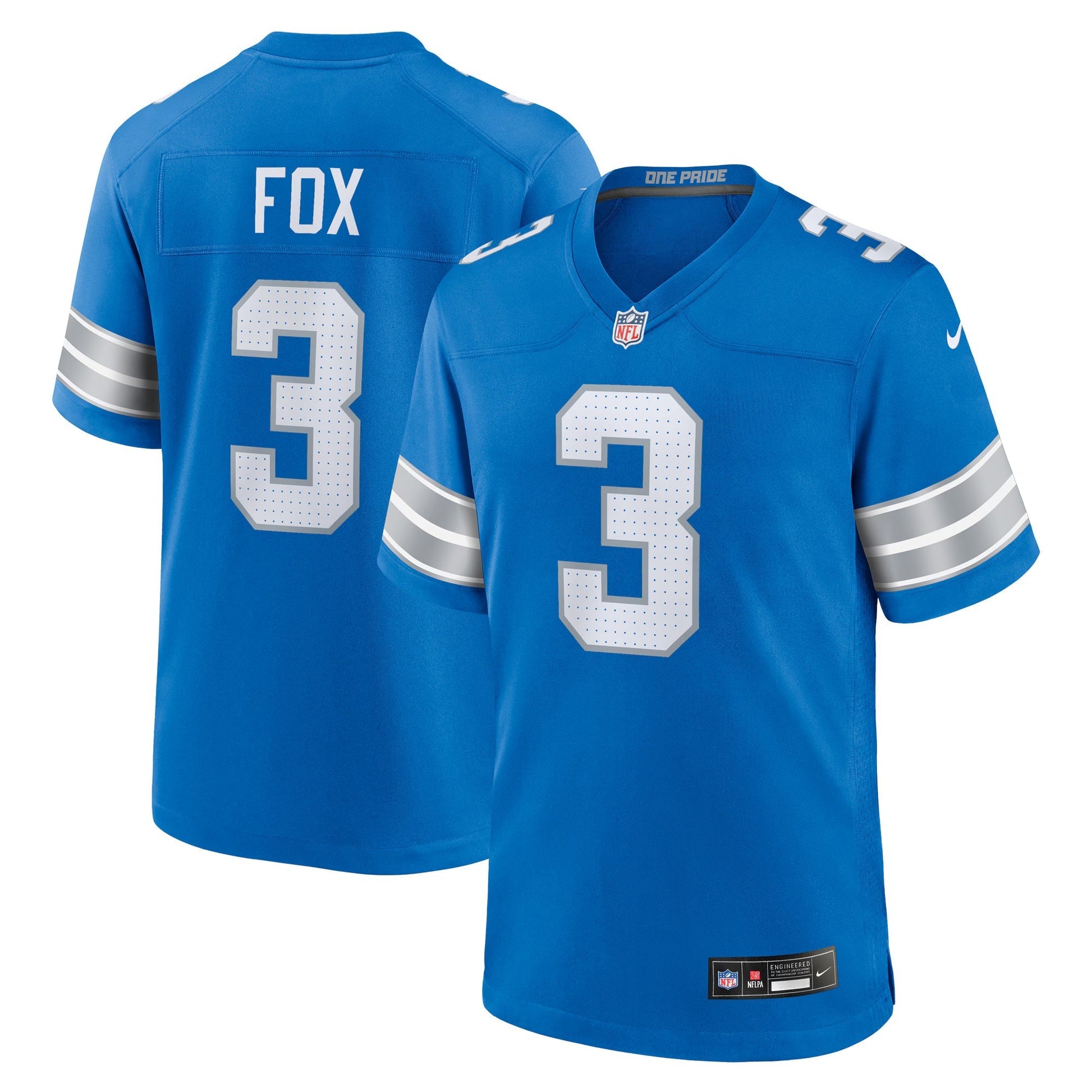 Detroit Lions Jack Fox Blue Team Game Jersey football jersey product view 1