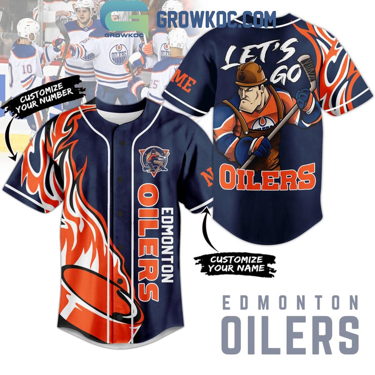 Edmonton Oilers Lets Go Oilers Flame Personalized Baseball Jersey Unisex T-shirt, Sweatshirt, Hoodie, Long Sleeve Tee - T-Shirt, Sweatshirt, Hoodie