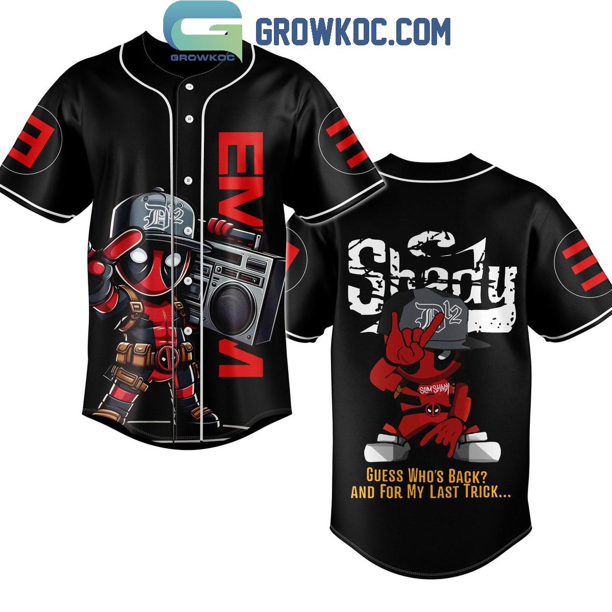 Eminem Deadpool Guess Whos Back For The Last Trick Personalized Baseball Jersey Unisex T-shirt, Sweatshirt, Hoodie, Long Sleeve Tee - T-Shirt, Sweatshirt, Hoodie