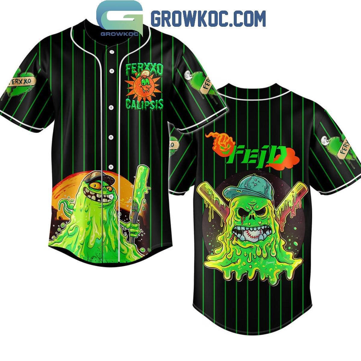 Feid Ferxxo Calipsis Slimer Monster Personalized Baseball Jersey Unisex T-shirt, Sweatshirt, Hoodie, Long Sleeve Tee - T-Shirt, Sweatshirt, Hoodie