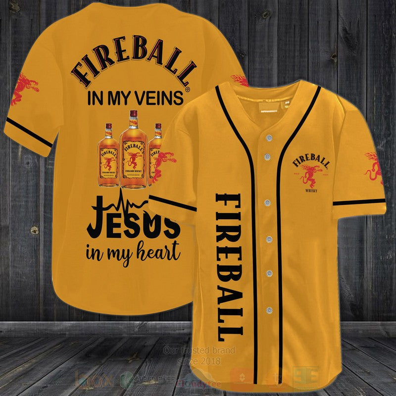 FASHION Fireball Cinnamon Whisky In My Veins Jesus Is My Heart Baseball Jerseys Botton Shirt - T-Shirt, Sweatshirt, Hoodie