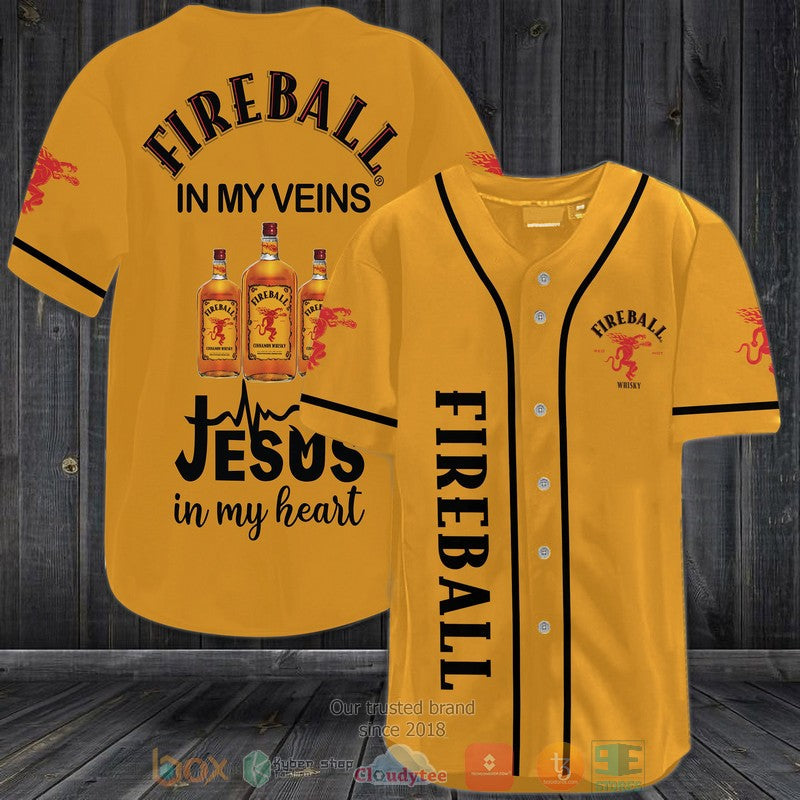 Fireball Cinnamon Whisky in my veins Jesus in my heart medium amber Baseball shirt Unisex T-shirt, Sweatshirt, Hoodie, Long Sleeve Tee - T-Shirt, Sweatshirt, Hoodie