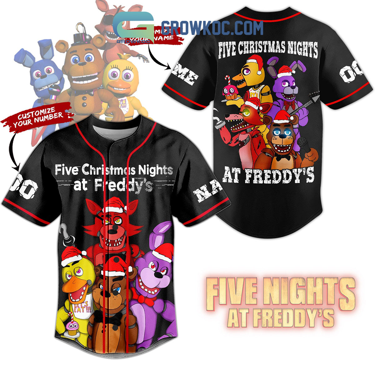 Five Christmas Nights At Freddy_s Horror Game Custom Name Number Baseball Jersey Unisex T-shirt, Sweatshirt, Hoodie, Long Sleeve Tee - T-Shirt, Sweatshirt, Hoodie