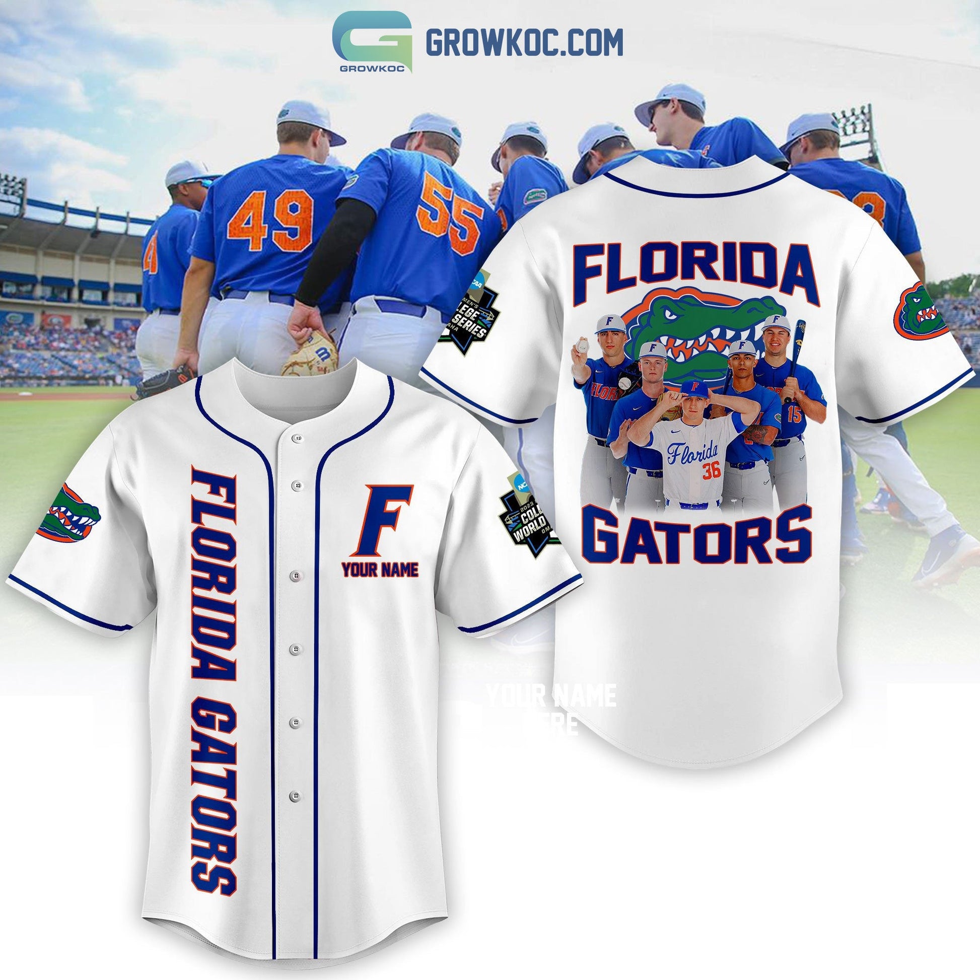 Florida Gator Baseball 2023 World Series Personalized White Design Baseball Jersey Unisex T-shirt, Sweatshirt, Hoodie, Long Sleeve Tee - T-Shirt, Sweatshirt, Hoodie