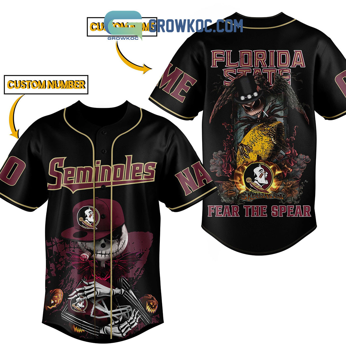 Florida State Seminoles Fear The Spear Jack Skellington Halloween Personalized Baseball Jersey - T-Shirt, Sweatshirt, Hoodie