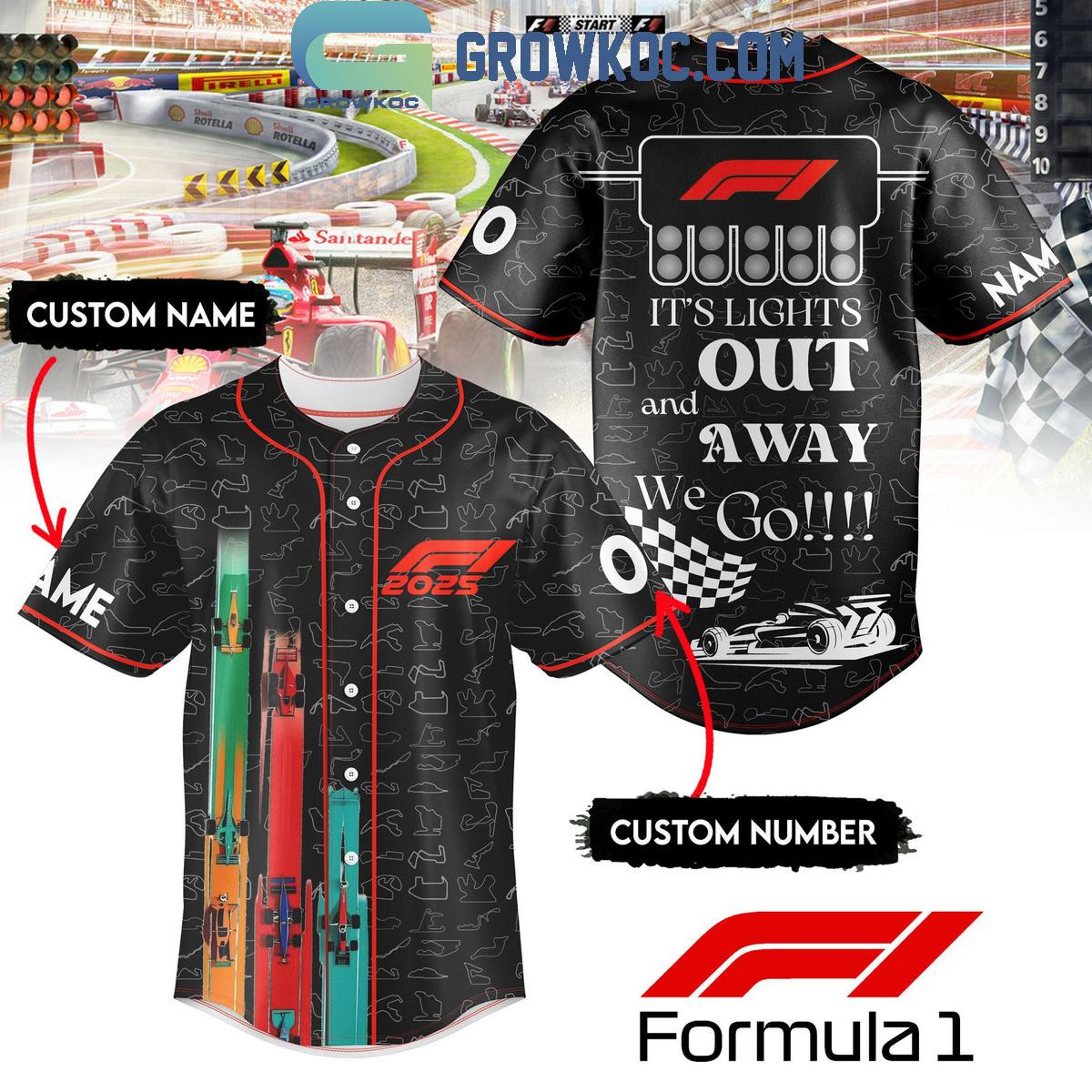 Formula 1 2025 Its Lights Out And Away We Go Personalized Baseball Jersey Unisex T-shirt, Sweatshirt, Hoodie, Long Sleeve Tee - T-Shirt, Sweatshirt, Hoodie