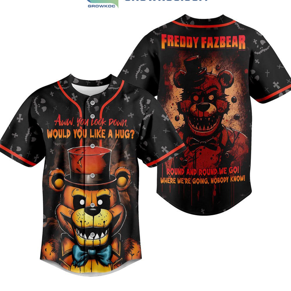 Freddy Fazbear Round And Round We Go Where Were Going Nobody Know Baseball Jersey Unisex T-shirt, Sweatshirt, Hoodie, Long Sleeve Tee - T-Shirt, Sweatshirt, Hoodie