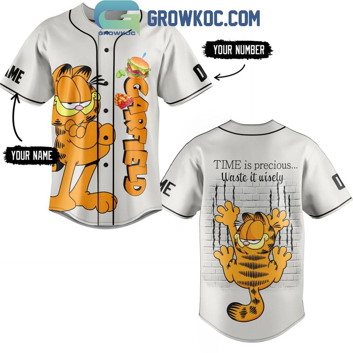 Garfield Time Is Precious Waste It Wisely Personalized Baseball Jersey Unisex T-shirt, Sweatshirt, Hoodie, Long Sleeve Tee - T-Shirt, Sweatshirt, Hoodie