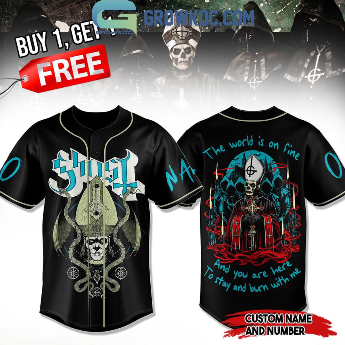 Ghost Rock Band The World Is On Fire Personalized Baseball Jersey Unisex T-shirt, Sweatshirt, Hoodie, Long Sleeve Tee - T-Shirt, Sweatshirt, Hoodie