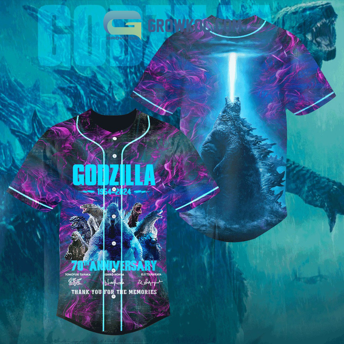 Godzilla 70 Years Of The Memories1954-2024 Baseball Jersey Unisex T-shirt, Sweatshirt, Hoodie, Long Sleeve Tee - T-Shirt, Sweatshirt, Hoodie