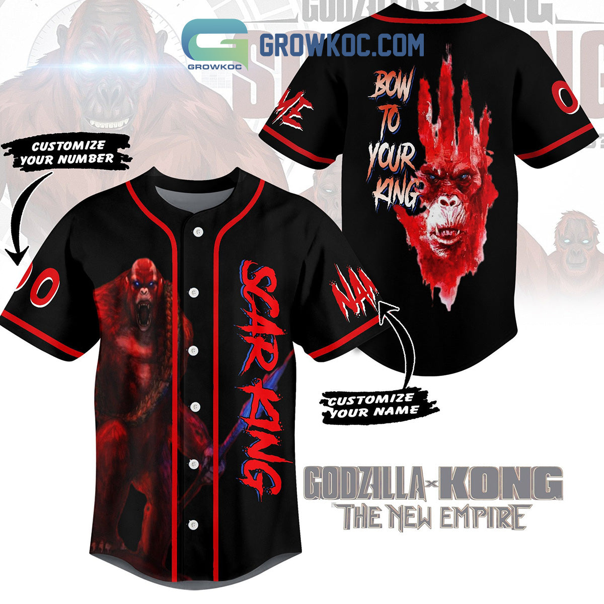 Godzilla Kong The New Empire Scar King Born To Your King Personalized Baseball Jersey Unisex T-shirt, Sweatshirt, Hoodie, Long Sleeve Tee - T-Shirt, Sweatshirt, Hoodie