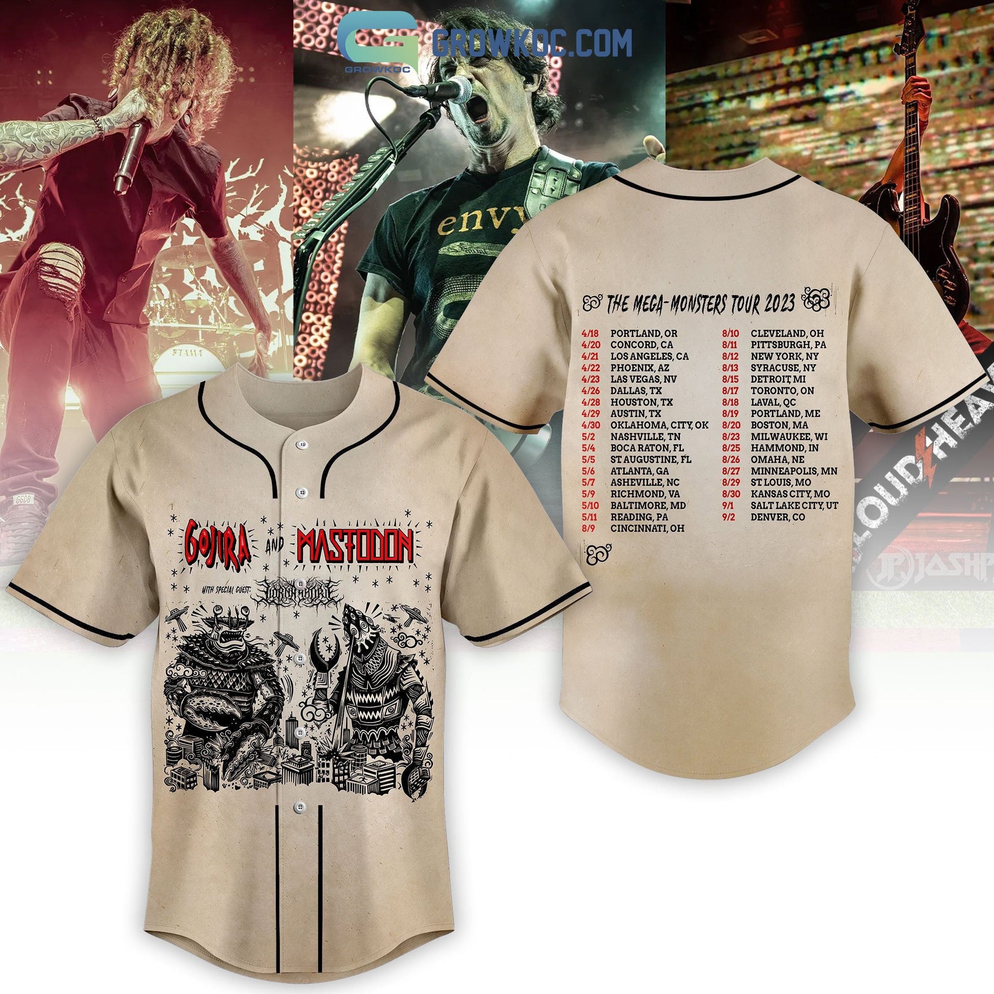 Gojira And Mastodon The Mega Monsters Tour 2023 Baseball Jersey Unisex T-shirt, Sweatshirt, Hoodie, Long Sleeve Tee - T-Shirt, Sweatshirt, Hoodie