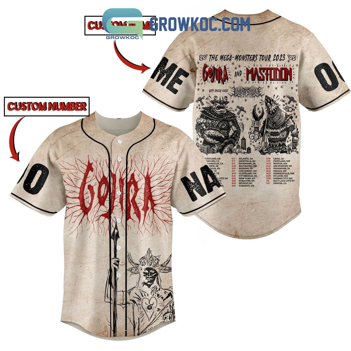 Gojira And Mastodon The Mega Monsters Tour 2023 Personalized Baseball Jersey Unisex T-shirt, Sweatshirt, Hoodie, Long Sleeve Tee - T-Shirt, Sweatshirt, Hoodie