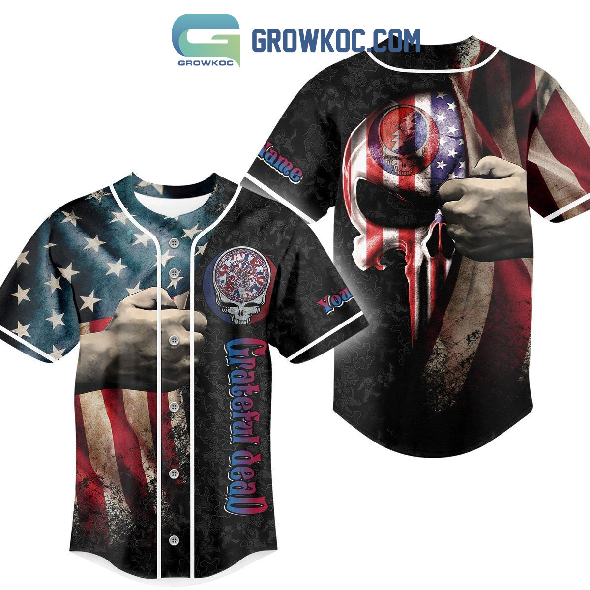 Grateful Dead American Flag Personalized Baseball Jersey Unisex T-shirt, Sweatshirt, Hoodie, Long Sleeve Tee - T-Shirt, Sweatshirt, Hoodie