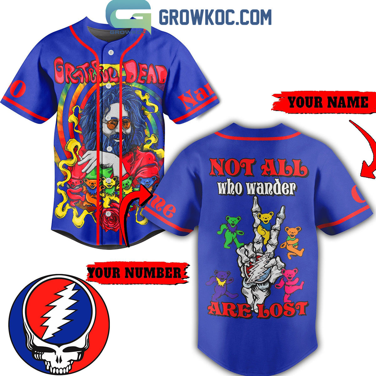 Grateful Dead Not All Who Wander Are Lost Blue Personalized Baseball Jersey Unisex T-shirt, Sweatshirt, Hoodie, Long Sleeve Tee - T-Shirt, Sweatshirt, Hoodie
