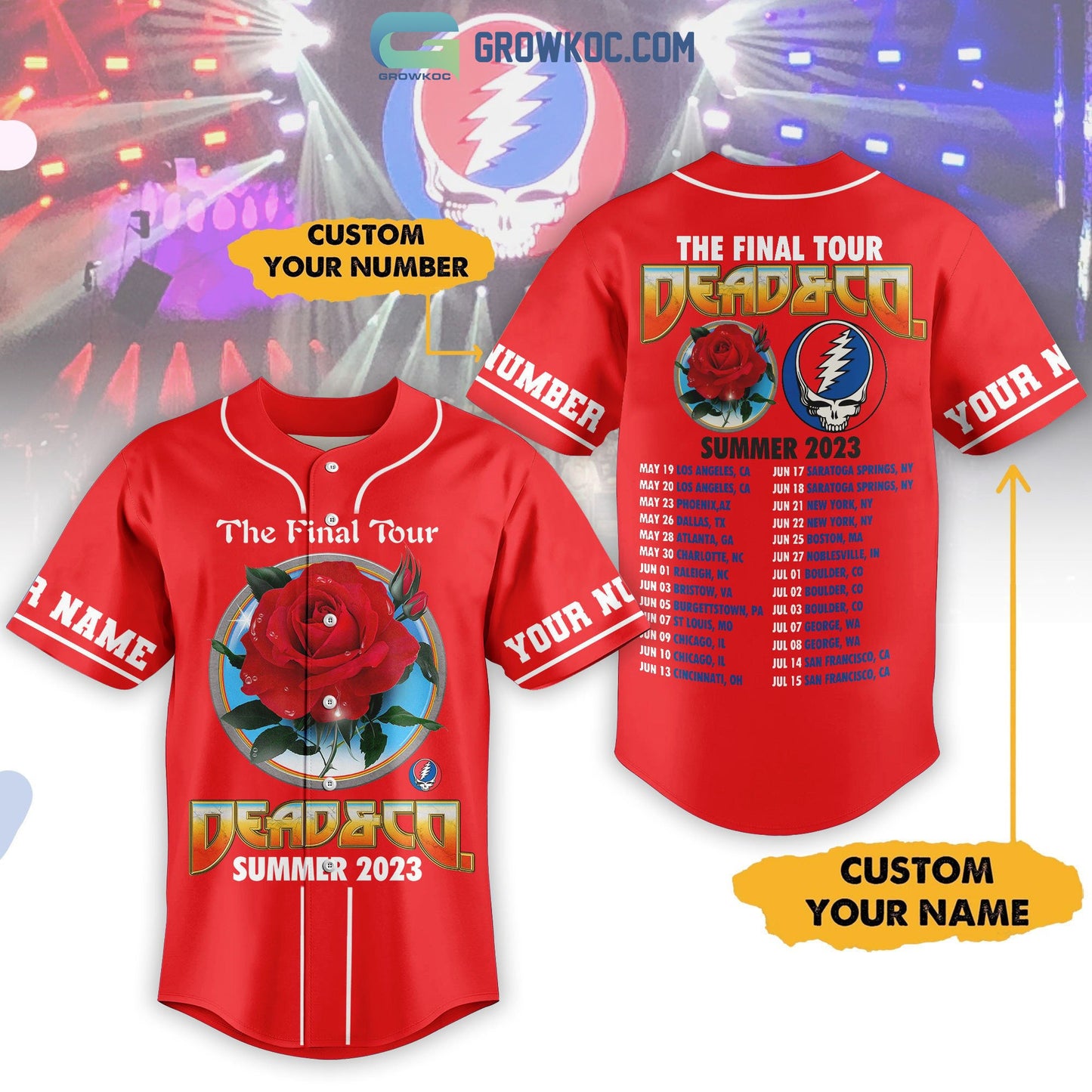 Grateful Dead The Final Tour Summer 2023 Personalized Red Design Baseball Jersey Unisex T-shirt, Sweatshirt, Hoodie, Long Sleeve Tee - T-Shirt, Sweatshirt, Hoodie