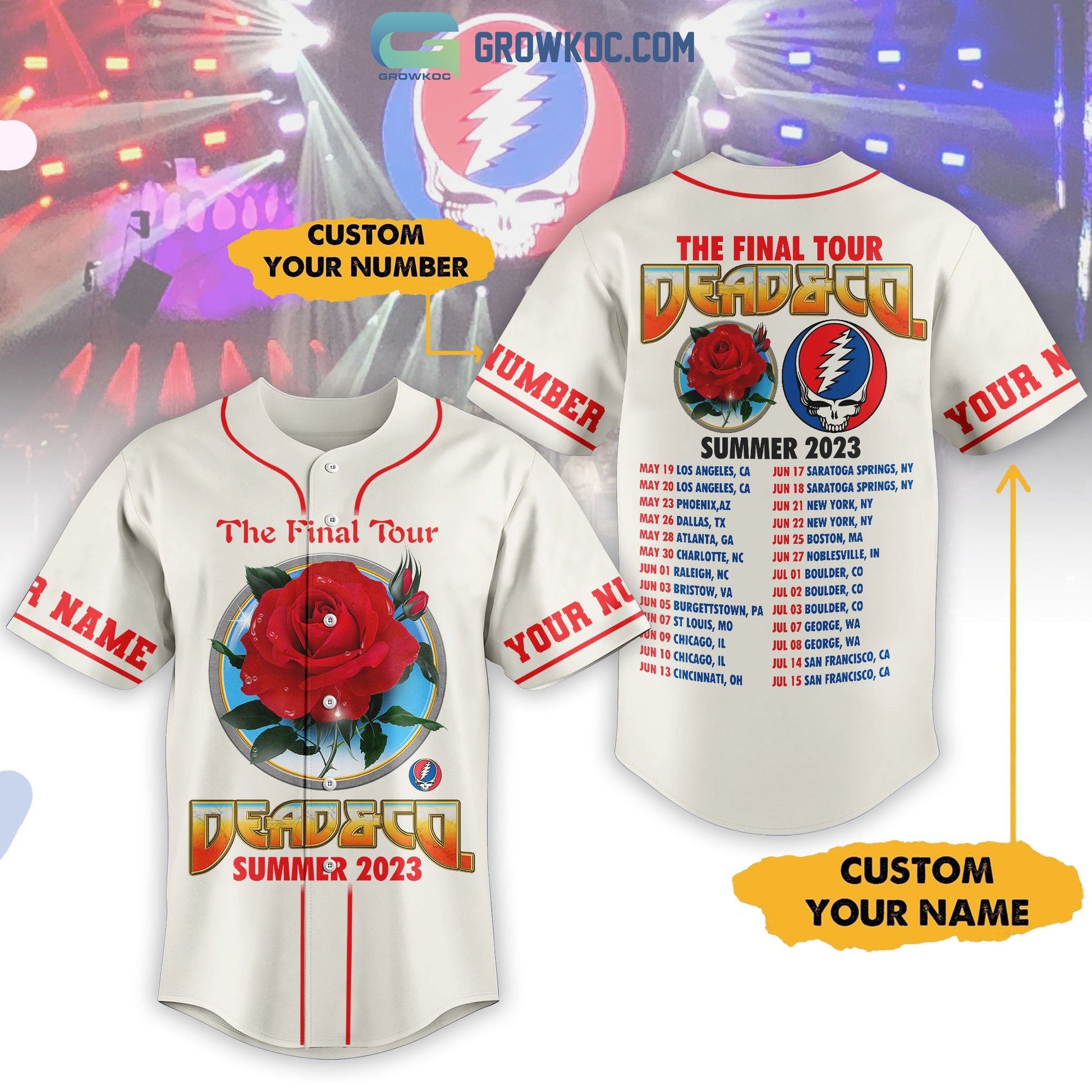Grateful Dead The Final Tour Summer 2023 Personalized White Design Baseball Jersey Unisex T-shirt, Sweatshirt, Hoodie, Long Sleeve Tee - T-Shirt, Sweatshirt, Hoodie