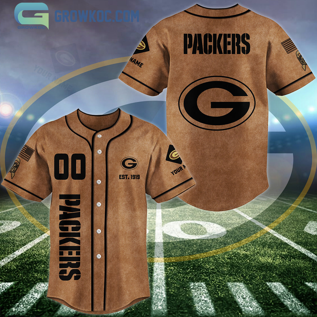 Green Bay Packers Brown American Flag Personalized Baseball Jersey Unisex T-shirt, Sweatshirt, Hoodie, Long Sleeve Tee - T-Shirt, Sweatshirt, Hoodie