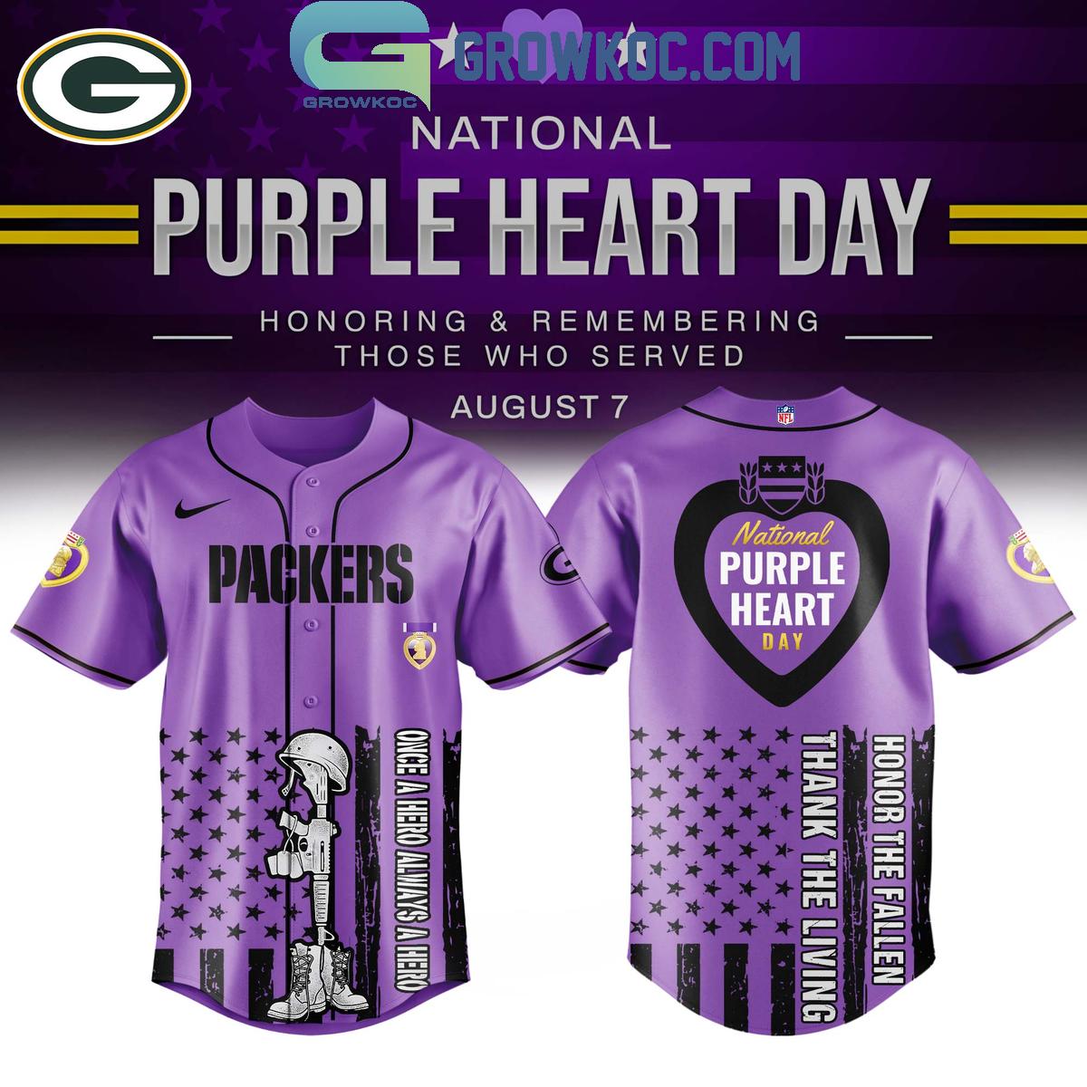 Green Bay Packers Purple Heart Day 2025 Baseball Jersey Unisex T-shirt, Sweatshirt, Hoodie, Long Sleeve Tee - T-Shirt, Sweatshirt, Hoodie