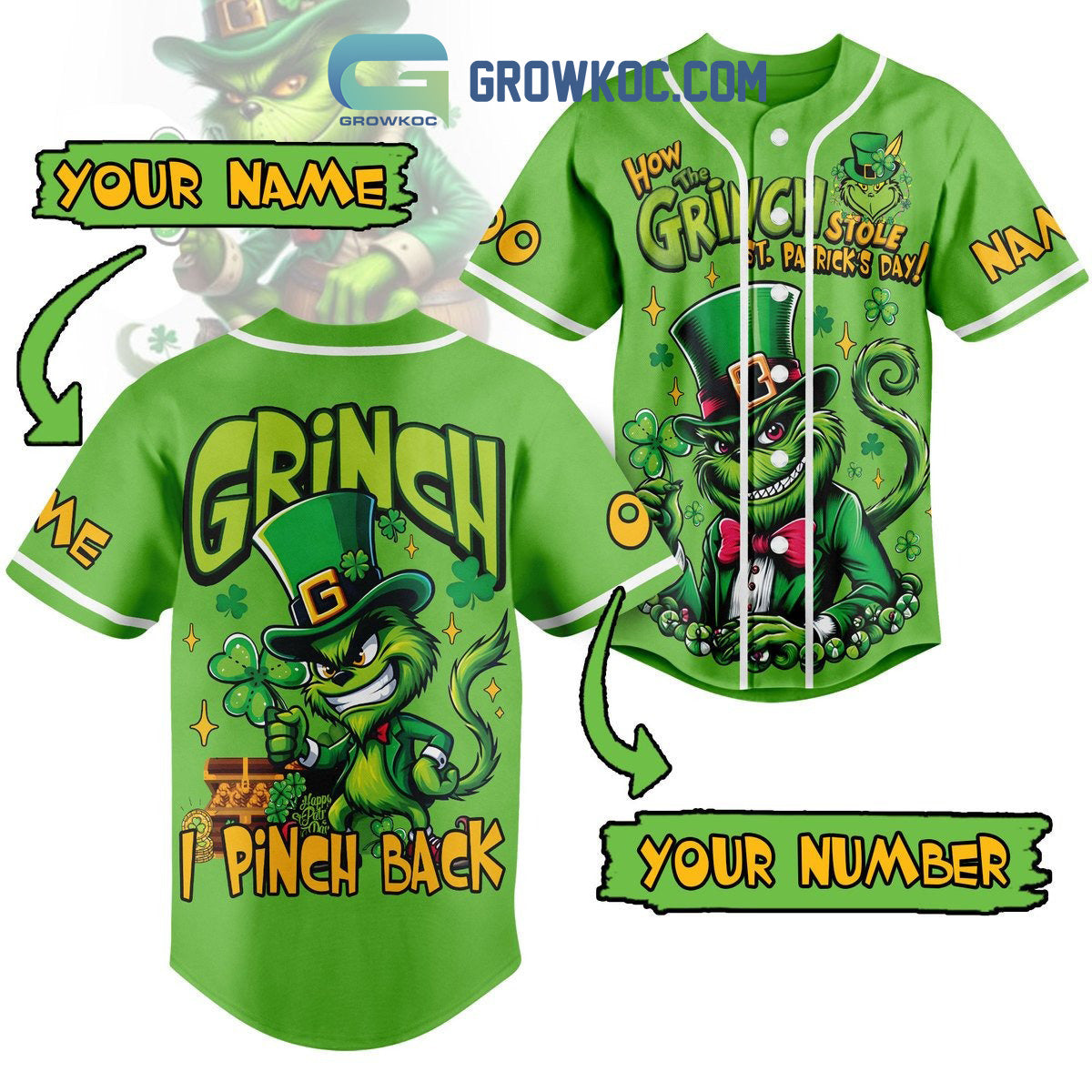 Grinch St. Patricks Day Fan Personalized Baseball Jersey Unisex T-shirt, Sweatshirt, Hoodie, Long Sleeve Tee - T-Shirt, Sweatshirt, Hoodie